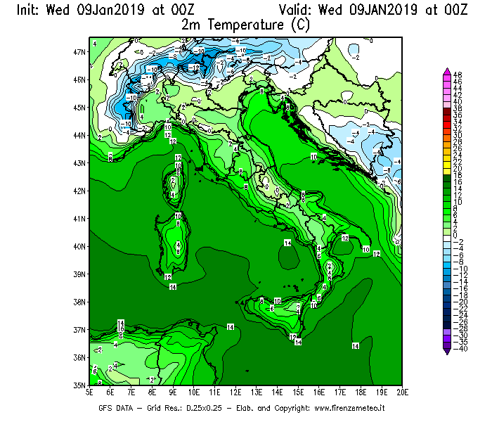 Mappa di analisi GFS - Temperatura a 2 metri dal suolo [°C] in Italia
							del 09/01/2019 00 <!--googleoff: index-->UTC<!--googleon: index-->