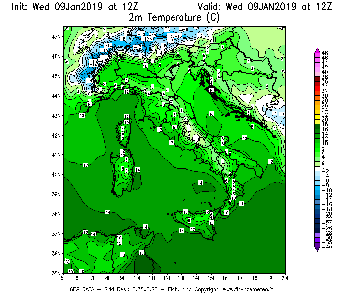 Mappa di analisi GFS - Temperatura a 2 metri dal suolo [°C] in Italia
							del 09/01/2019 12 <!--googleoff: index-->UTC<!--googleon: index-->