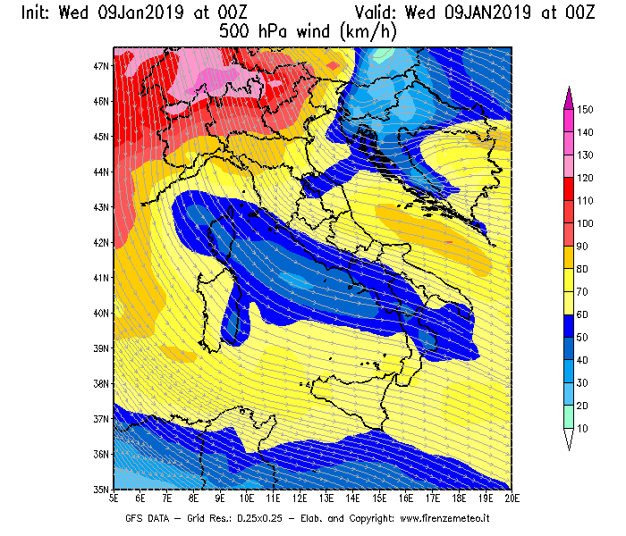Mappa di analisi GFS - Velocità del vento a 500 hPa [km/h] in Italia
							del 09/01/2019 00 <!--googleoff: index-->UTC<!--googleon: index-->