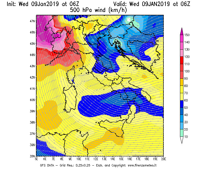 Mappa di analisi GFS - Velocità del vento a 500 hPa [km/h] in Italia
							del 09/01/2019 06 <!--googleoff: index-->UTC<!--googleon: index-->