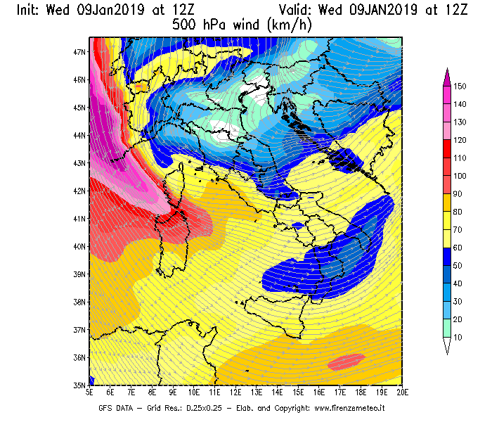 Mappa di analisi GFS - Velocità del vento a 500 hPa [km/h] in Italia
							del 09/01/2019 12 <!--googleoff: index-->UTC<!--googleon: index-->