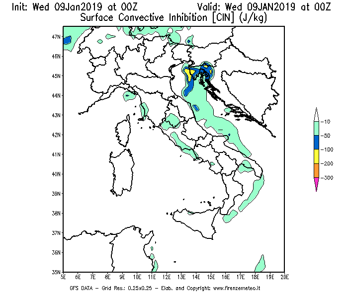 Mappa di analisi GFS - CIN [J/kg] in Italia
							del 09/01/2019 00 <!--googleoff: index-->UTC<!--googleon: index-->