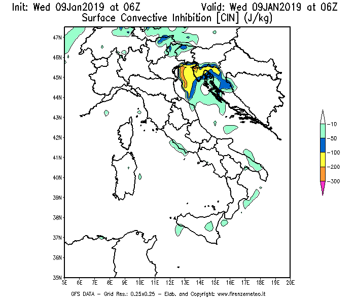 Mappa di analisi GFS - CIN [J/kg] in Italia
							del 09/01/2019 06 <!--googleoff: index-->UTC<!--googleon: index-->