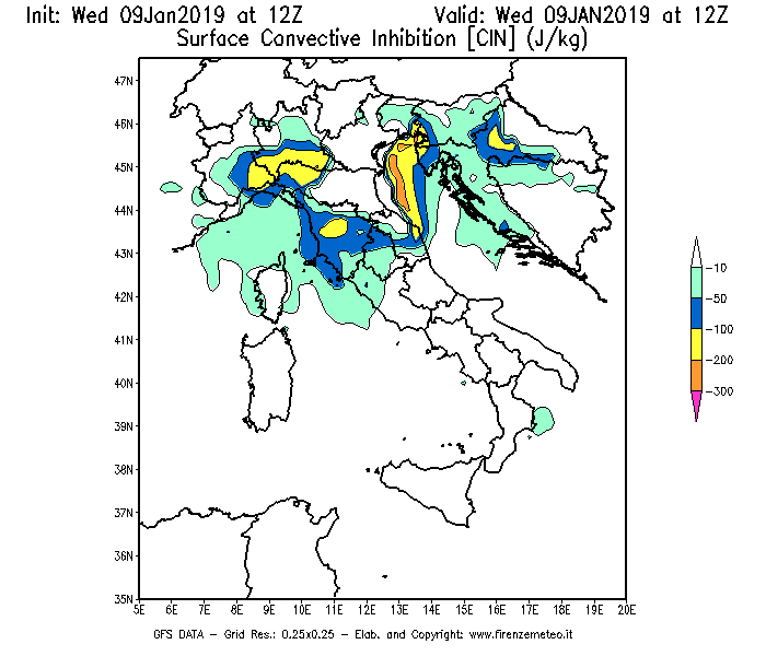 Mappa di analisi GFS - CIN [J/kg] in Italia
							del 09/01/2019 12 <!--googleoff: index-->UTC<!--googleon: index-->