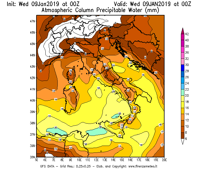 Mappa di analisi GFS - Precipitable Water [mm] in Italia
							del 09/01/2019 00 <!--googleoff: index-->UTC<!--googleon: index-->