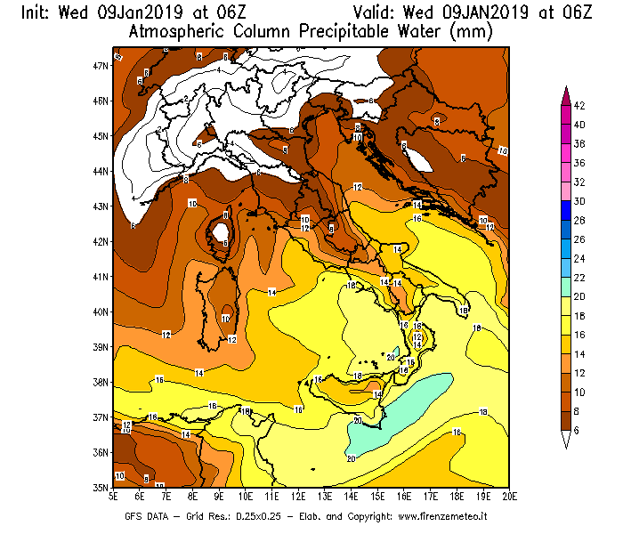 Mappa di analisi GFS - Precipitable Water [mm] in Italia
							del 09/01/2019 06 <!--googleoff: index-->UTC<!--googleon: index-->