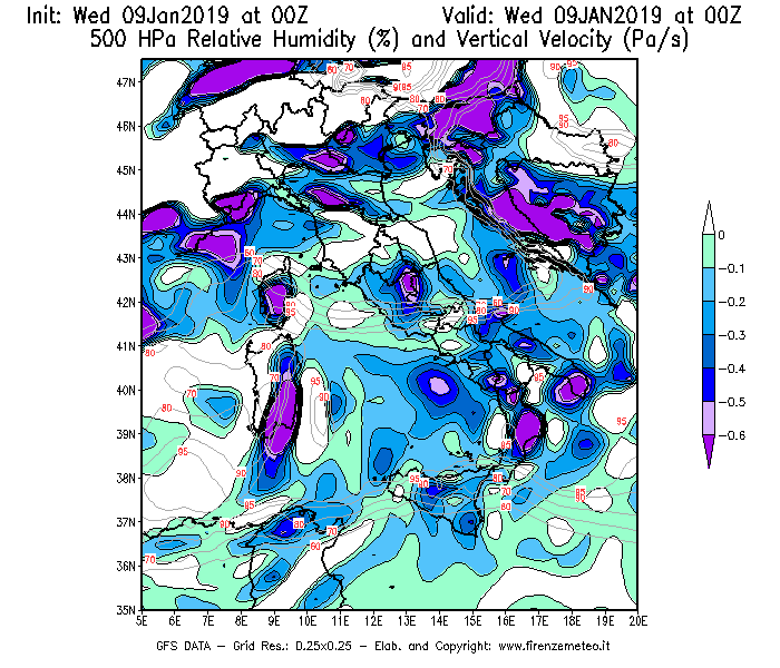Mappa di analisi GFS - Umidità relativa [%] e Omega [Pa/s] a 500 hPa in Italia
							del 09/01/2019 00 <!--googleoff: index-->UTC<!--googleon: index-->