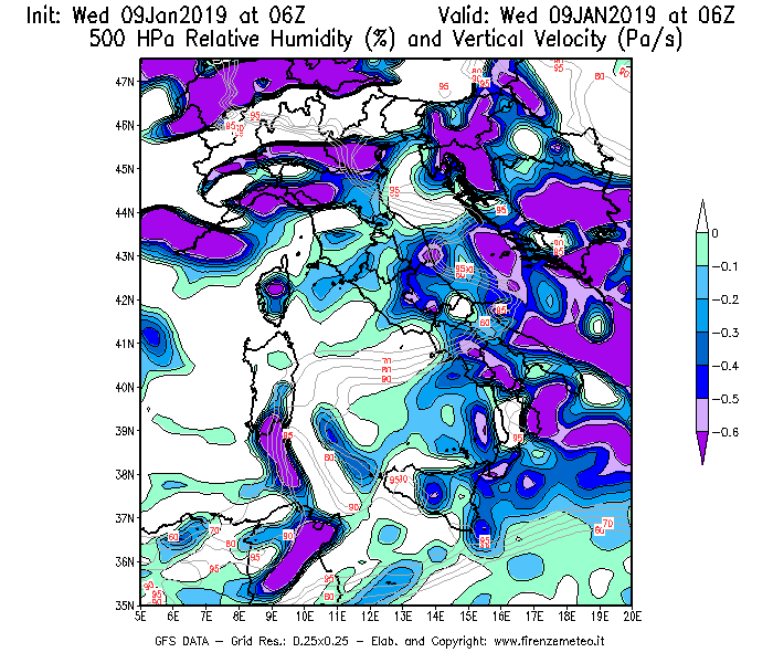 Mappa di analisi GFS - Umidità relativa [%] e Omega [Pa/s] a 500 hPa in Italia
							del 09/01/2019 06 <!--googleoff: index-->UTC<!--googleon: index-->