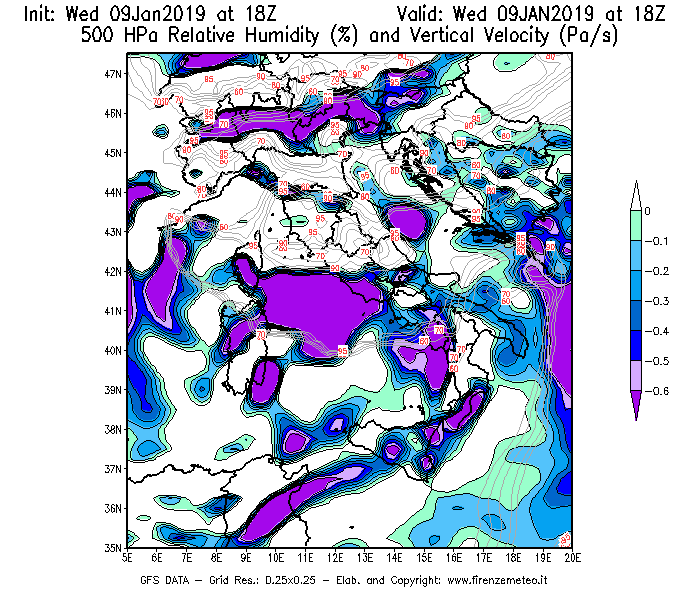 Mappa di analisi GFS - Umidità relativa [%] e Omega [Pa/s] a 500 hPa in Italia
							del 09/01/2019 18 <!--googleoff: index-->UTC<!--googleon: index-->