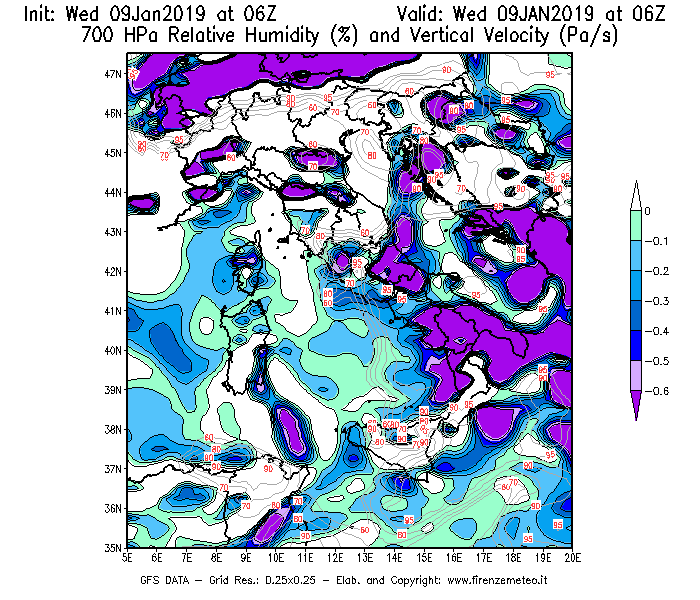 Mappa di analisi GFS - Umidità relativa [%] e Omega [Pa/s] a 700 hPa in Italia
							del 09/01/2019 06 <!--googleoff: index-->UTC<!--googleon: index-->