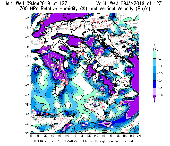Mappa di analisi GFS - Umidità relativa [%] e Omega [Pa/s] a 700 hPa in Italia
							del 09/01/2019 12 <!--googleoff: index-->UTC<!--googleon: index-->