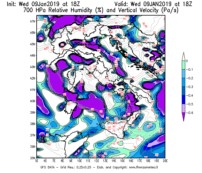 Mappa di analisi GFS - Umidità relativa [%] e Omega [Pa/s] a 700 hPa in Italia
							del 09/01/2019 18 <!--googleoff: index-->UTC<!--googleon: index-->