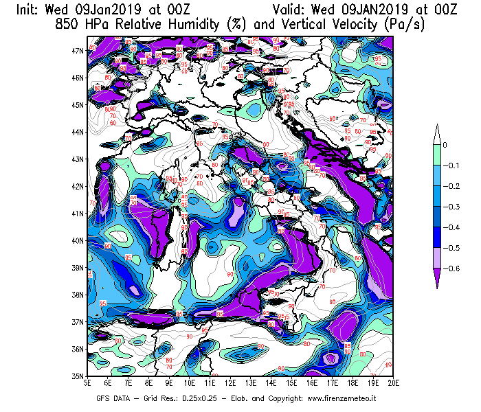 Mappa di analisi GFS - Umidità relativa [%] e Omega [Pa/s] a 850 hPa in Italia
							del 09/01/2019 00 <!--googleoff: index-->UTC<!--googleon: index-->