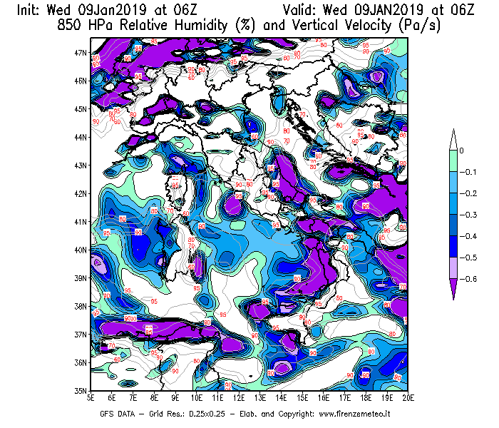 Mappa di analisi GFS - Umidità relativa [%] e Omega [Pa/s] a 850 hPa in Italia
							del 09/01/2019 06 <!--googleoff: index-->UTC<!--googleon: index-->