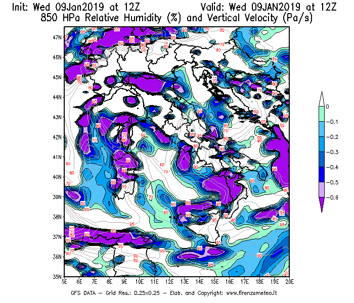 Mappa di analisi GFS - Umidità relativa [%] e Omega [Pa/s] a 850 hPa in Italia
							del 09/01/2019 12 <!--googleoff: index-->UTC<!--googleon: index-->