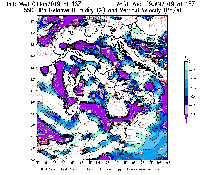 Mappa di analisi GFS - Umidità relativa [%] e Omega [Pa/s] a 850 hPa in Italia
							del 09/01/2019 18 <!--googleoff: index-->UTC<!--googleon: index-->