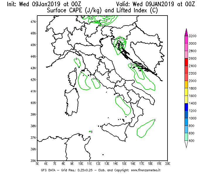 Mappa di analisi GFS - CAPE [J/kg] e Lifted Index [°C] in Italia
							del 09/01/2019 00 <!--googleoff: index-->UTC<!--googleon: index-->