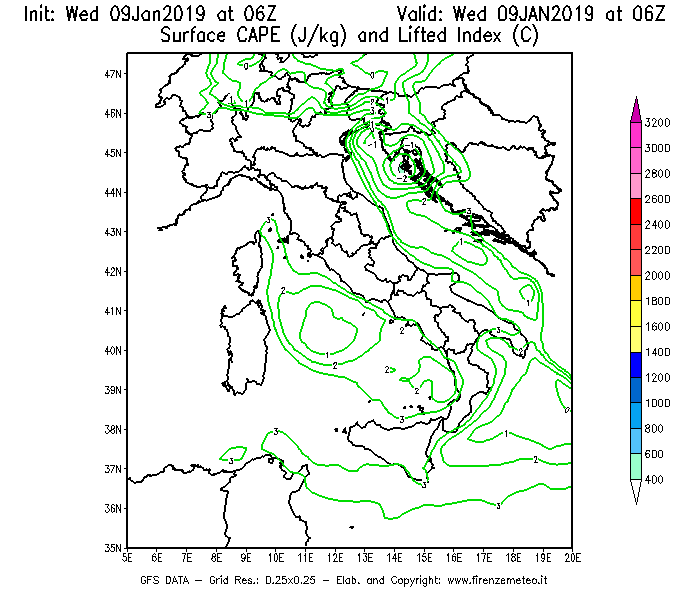 Mappa di analisi GFS - CAPE [J/kg] e Lifted Index [°C] in Italia
							del 09/01/2019 06 <!--googleoff: index-->UTC<!--googleon: index-->
