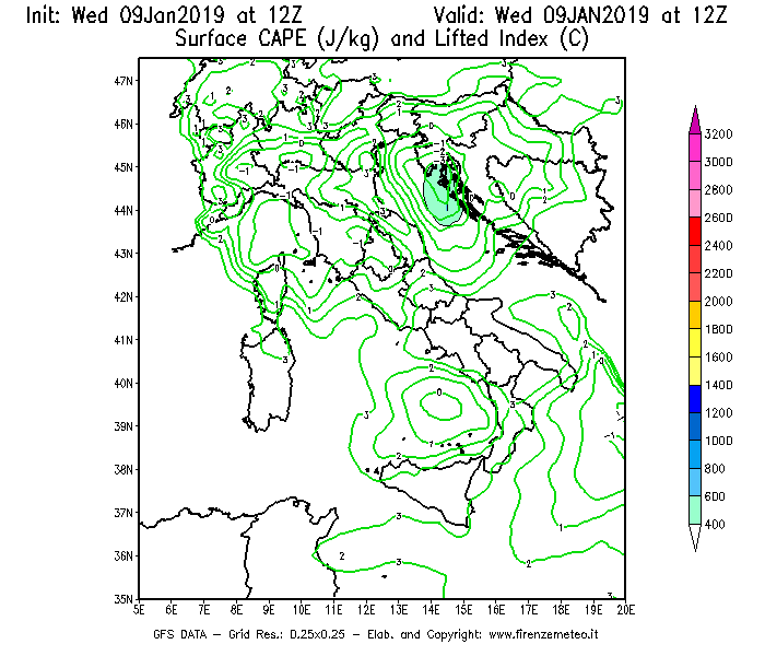 Mappa di analisi GFS - CAPE [J/kg] e Lifted Index [°C] in Italia
							del 09/01/2019 12 <!--googleoff: index-->UTC<!--googleon: index-->