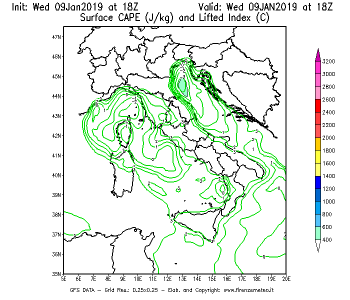 Mappa di analisi GFS - CAPE [J/kg] e Lifted Index [°C] in Italia
							del 09/01/2019 18 <!--googleoff: index-->UTC<!--googleon: index-->