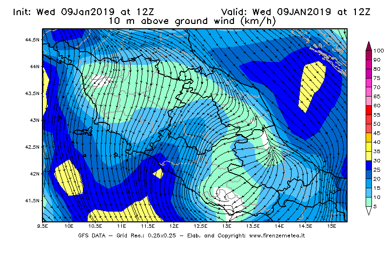 Mappa di analisi GFS - Velocità del vento a 10 metri dal suolo [km/h] in Centro-Italia
							del 09/01/2019 12 <!--googleoff: index-->UTC<!--googleon: index-->