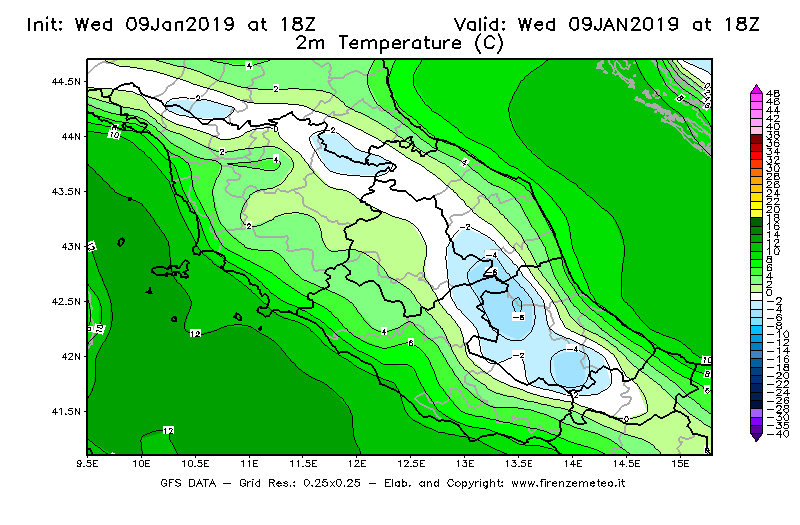 Mappa di analisi GFS - Temperatura a 2 metri dal suolo [°C] in Centro-Italia
							del 09/01/2019 18 <!--googleoff: index-->UTC<!--googleon: index-->