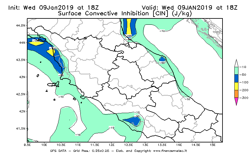 Mappa di analisi GFS - CIN [J/kg] in Centro-Italia
							del 09/01/2019 18 <!--googleoff: index-->UTC<!--googleon: index-->