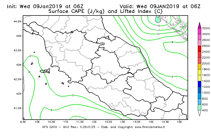 Mappa di analisi GFS - CAPE [J/kg] e Lifted Index [°C] in Centro-Italia
							del 09/01/2019 06 <!--googleoff: index-->UTC<!--googleon: index-->
