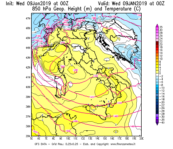 Mappa di analisi GFS - Geopotenziale [m] e Temperatura [°C] a 850 hPa in Italia
							del 09/01/2019 00 <!--googleoff: index-->UTC<!--googleon: index-->
