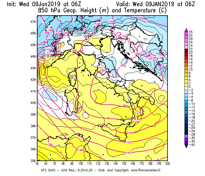 Mappa di analisi GFS - Geopotenziale [m] e Temperatura [°C] a 850 hPa in Italia
							del 09/01/2019 06 <!--googleoff: index-->UTC<!--googleon: index-->