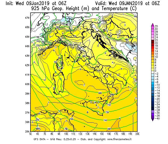 Mappa di analisi GFS - Geopotenziale [m] e Temperatura [°C] a 925 hPa in Italia
							del 09/01/2019 06 <!--googleoff: index-->UTC<!--googleon: index-->
