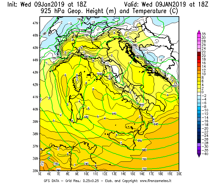 Mappa di analisi GFS - Geopotenziale [m] e Temperatura [°C] a 925 hPa in Italia
							del 09/01/2019 18 <!--googleoff: index-->UTC<!--googleon: index-->