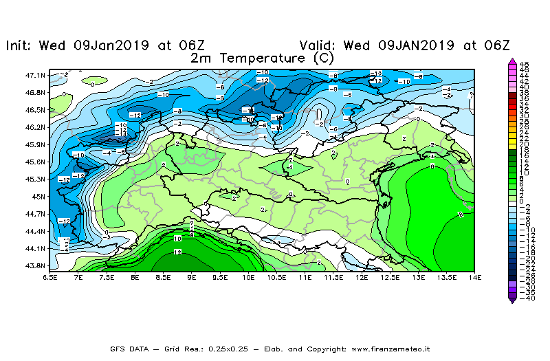 Mappa di analisi GFS - Temperatura a 2 metri dal suolo [°C] in Nord-Italia
							del 09/01/2019 06 <!--googleoff: index-->UTC<!--googleon: index-->