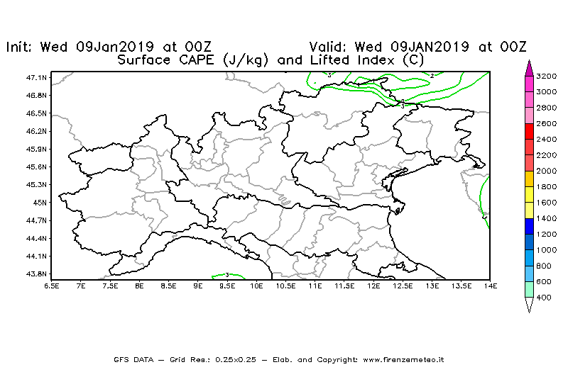 Mappa di analisi GFS - CAPE [J/kg] e Lifted Index [°C] in Nord-Italia
							del 09/01/2019 00 <!--googleoff: index-->UTC<!--googleon: index-->