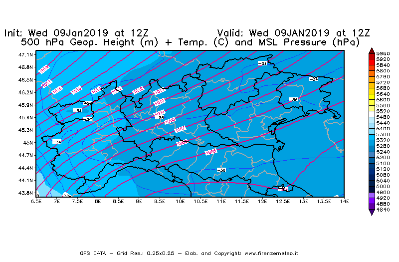 Mappa di analisi GFS - Geopotenziale [m] + Temp. [°C] a 500 hPa + Press. a livello del mare [hPa] in Nord-Italia
							del 09/01/2019 12 <!--googleoff: index-->UTC<!--googleon: index-->