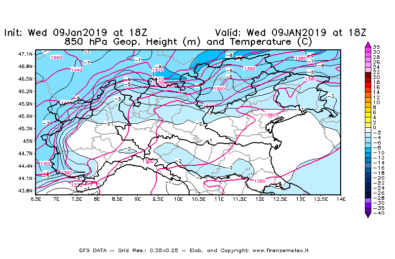 Mappa di analisi GFS - Geopotenziale [m] e Temperatura [°C] a 850 hPa in Nord-Italia
							del 09/01/2019 18 <!--googleoff: index-->UTC<!--googleon: index-->