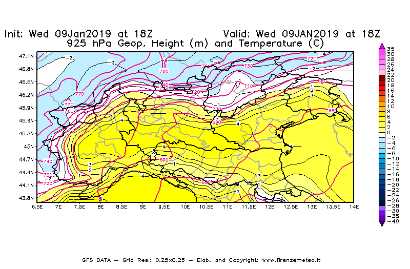 Mappa di analisi GFS - Geopotenziale [m] e Temperatura [°C] a 925 hPa in Nord-Italia
							del 09/01/2019 18 <!--googleoff: index-->UTC<!--googleon: index-->