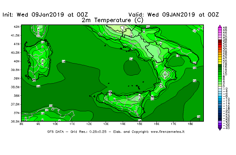 Mappa di analisi GFS - Temperatura a 2 metri dal suolo [°C] in Sud-Italia
							del 09/01/2019 00 <!--googleoff: index-->UTC<!--googleon: index-->