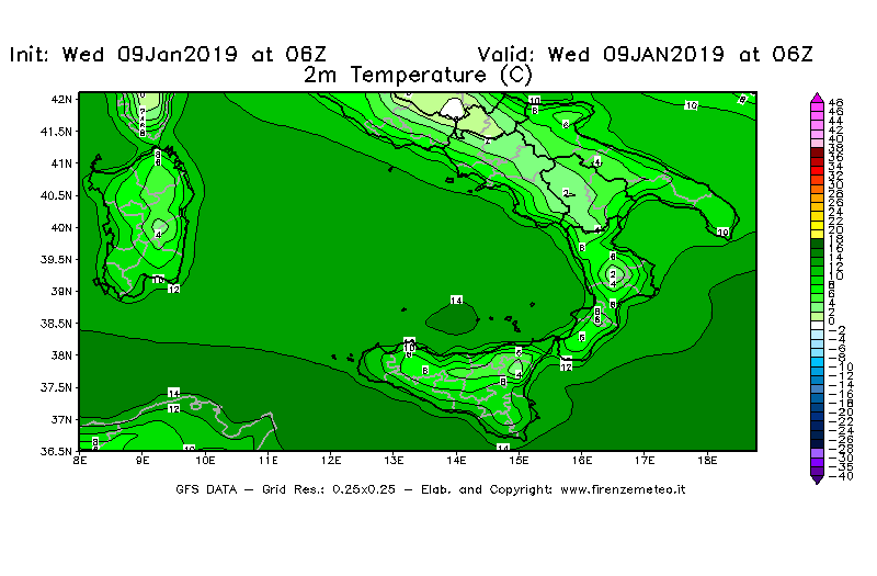 Mappa di analisi GFS - Temperatura a 2 metri dal suolo [°C] in Sud-Italia
							del 09/01/2019 06 <!--googleoff: index-->UTC<!--googleon: index-->