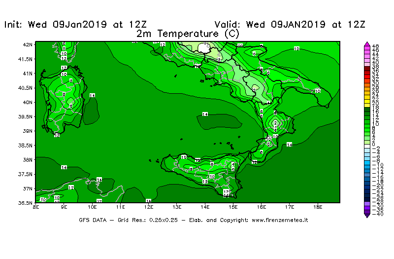 Mappa di analisi GFS - Temperatura a 2 metri dal suolo [°C] in Sud-Italia
							del 09/01/2019 12 <!--googleoff: index-->UTC<!--googleon: index-->