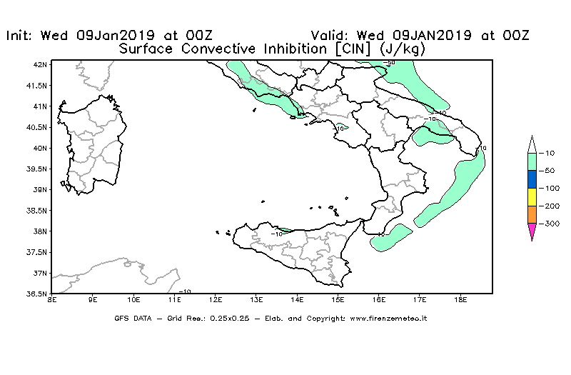Mappa di analisi GFS - CIN [J/kg] in Sud-Italia
							del 09/01/2019 00 <!--googleoff: index-->UTC<!--googleon: index-->