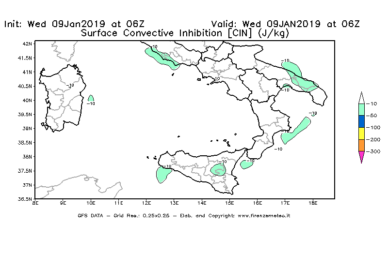 Mappa di analisi GFS - CIN [J/kg] in Sud-Italia
							del 09/01/2019 06 <!--googleoff: index-->UTC<!--googleon: index-->