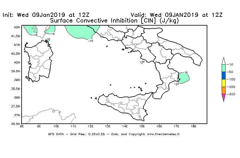 Mappa di analisi GFS - CIN [J/kg] in Sud-Italia
							del 09/01/2019 12 <!--googleoff: index-->UTC<!--googleon: index-->