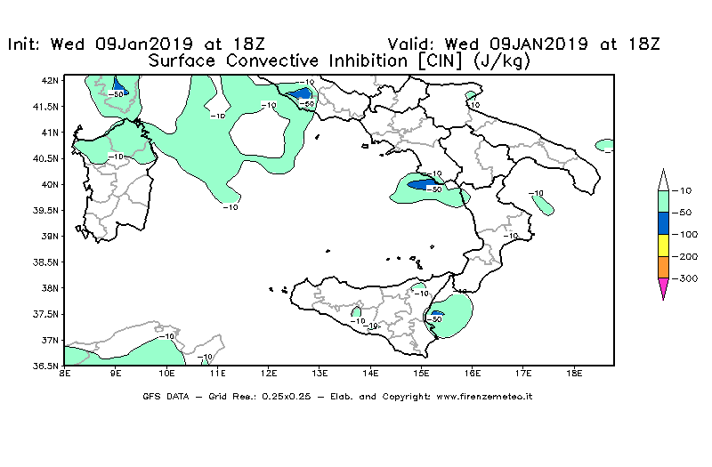 Mappa di analisi GFS - CIN [J/kg] in Sud-Italia
							del 09/01/2019 18 <!--googleoff: index-->UTC<!--googleon: index-->