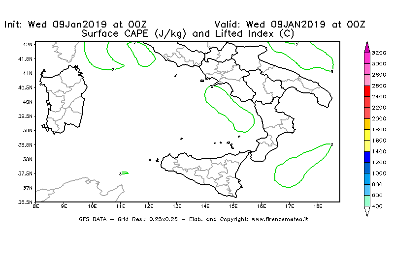 Mappa di analisi GFS - CAPE [J/kg] e Lifted Index [°C] in Sud-Italia
							del 09/01/2019 00 <!--googleoff: index-->UTC<!--googleon: index-->