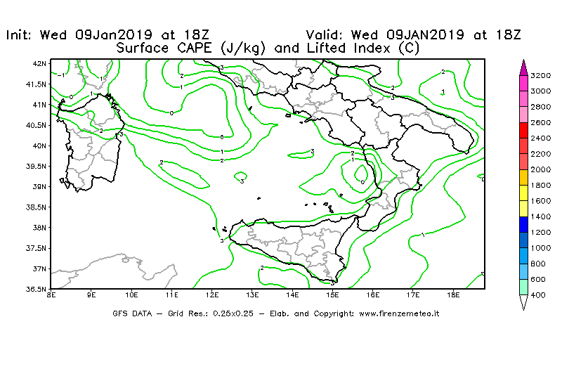 Mappa di analisi GFS - CAPE [J/kg] e Lifted Index [°C] in Sud-Italia
							del 09/01/2019 18 <!--googleoff: index-->UTC<!--googleon: index-->