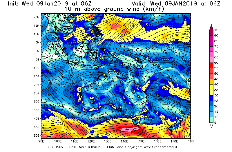Mappa di analisi GFS - Velocità del vento a 10 metri dal suolo [km/h] in Oceania
							del 09/01/2019 06 <!--googleoff: index-->UTC<!--googleon: index-->