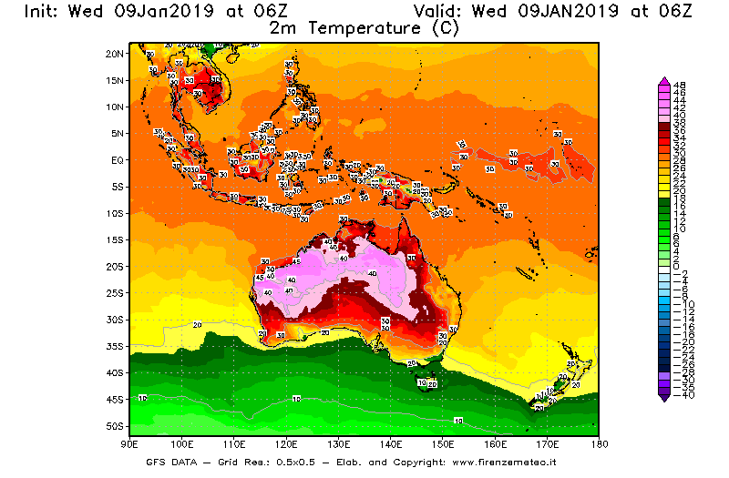 Mappa di analisi GFS - Temperatura a 2 metri dal suolo [°C] in Oceania
							del 09/01/2019 06 <!--googleoff: index-->UTC<!--googleon: index-->