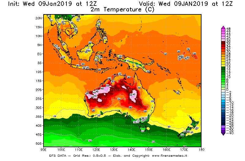 Mappa di analisi GFS - Temperatura a 2 metri dal suolo [°C] in Oceania
							del 09/01/2019 12 <!--googleoff: index-->UTC<!--googleon: index-->