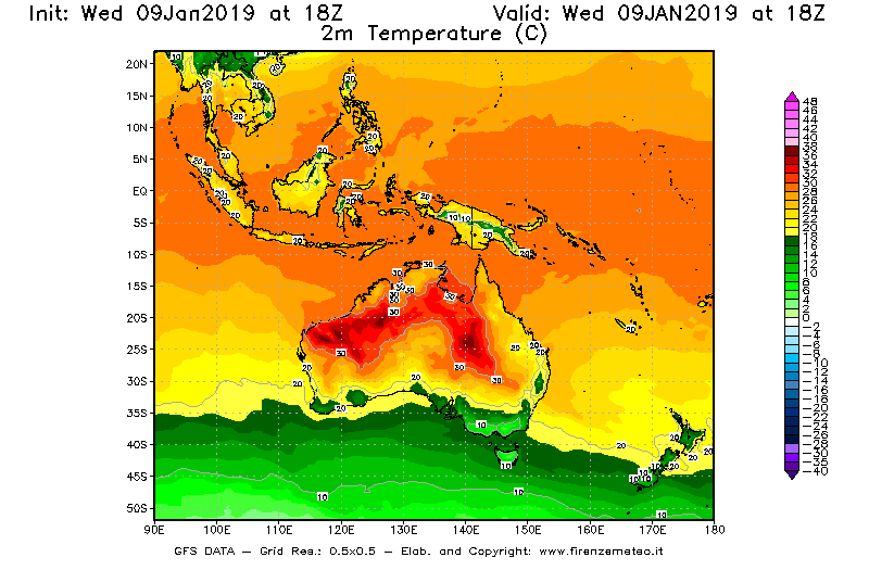 Mappa di analisi GFS - Temperatura a 2 metri dal suolo [°C] in Oceania
							del 09/01/2019 18 <!--googleoff: index-->UTC<!--googleon: index-->